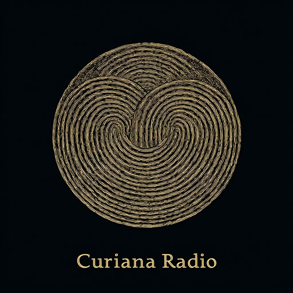 Símbolo de Curiana Radio: un círculo de líneas doradas concéntricas que forman dos espirales sobre fondo negro, con el nombre debajo.